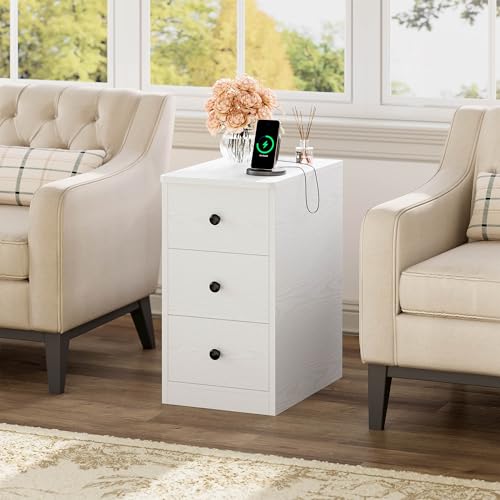 White Nightstand with Charging Station, 3 Drawers Modern Bedroom Side Table