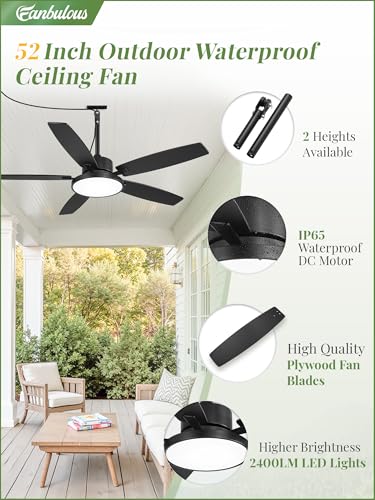Fanbulous 52" Outdoor Ceiling Fan with Light, Remote, Waterproof IP65, Black