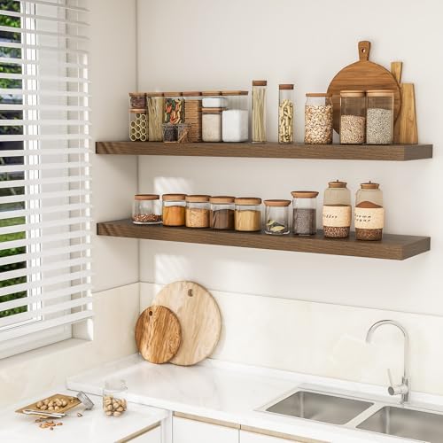 Walnut Floating Wall Shelves Set of 2 - 55 Inches Long, Rustic Modern Design