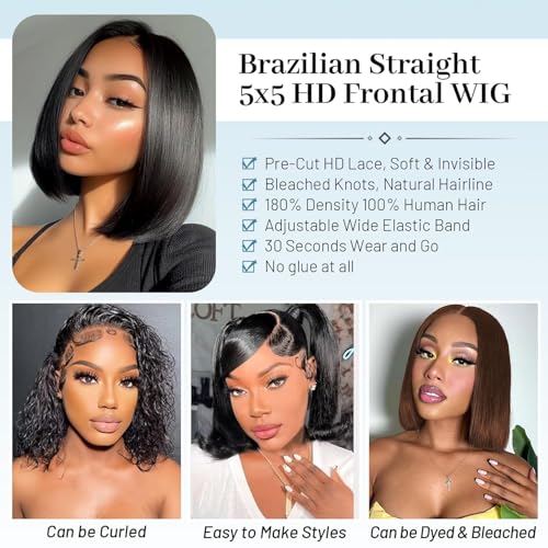 Blonde 8-Inch Human Hair Bob Wig with HD Lace Pre Plucked Glueless Short Style for Black Women