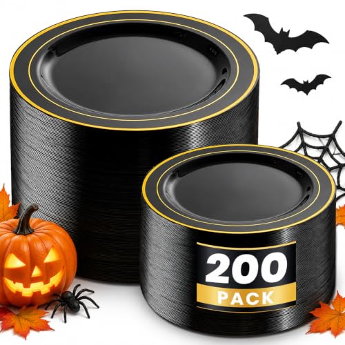 Black and Gold Disposable Plastic Plates Set for Parties - Heavy Duty, 200 Pieces - Halloween, Wedding, Birthday