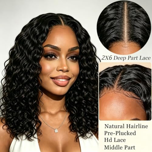 Natural Black 16-Inch Curly Water Wave Human Hair Glueless Bob Wig - 2x6 HD Lace