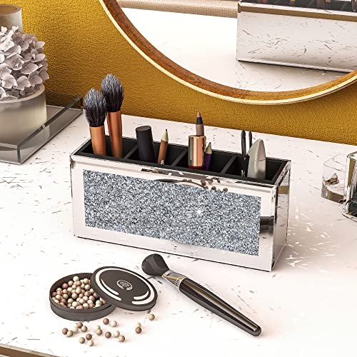 Mirrored Makeup Brush Holder Organizer with Crystals - Silver, 4 Compartments