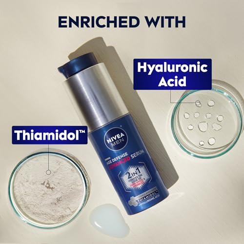 NIVEA MEN Age Defense Advanced Face Serum for Dark Spots with Thiamidol (TM) + Hyaluronic Acid, Fast-Absorbing Face Serum for Men Helps Reduce Look of Dark Spots, Fine Lines & Wrinkles, 1 Fl Oz Bottle
