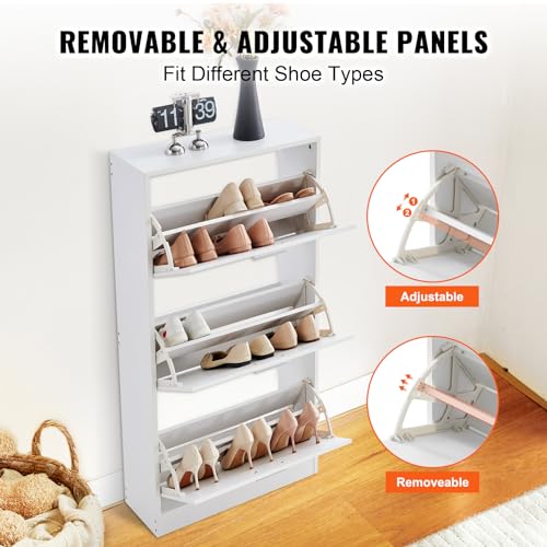 Wooden Shoe Cabinet with 3 Flip Drawers and Side Hooks, 9.33”D x 23.62”W x 47.24”H Entryway Storage Solution