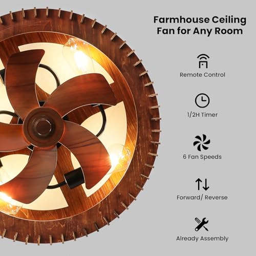 20-Inch Flush Mount Ceiling Fan with Light and Remote - Wooden Cage Low Profile Farmhouse N