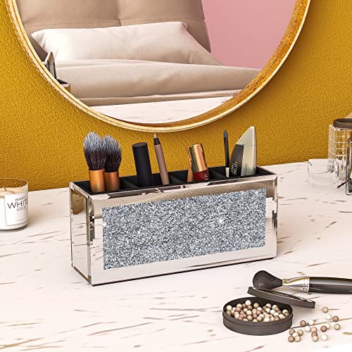 Mirrored Makeup Brush Holder Organizer with Crystals - Silver, 4 Compartments