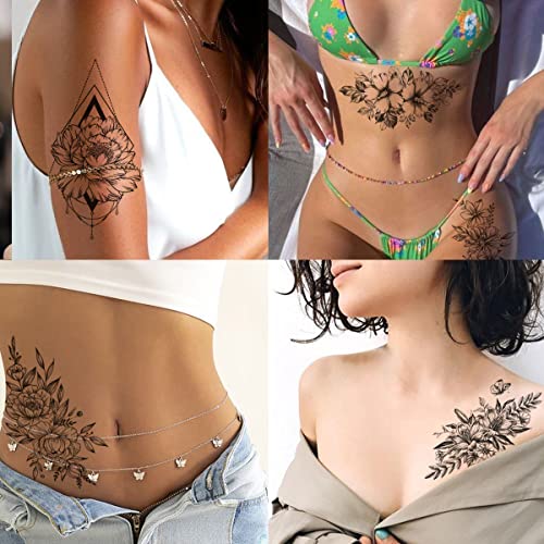 Glaryyears Large Vivid Flower Temporary Tattoos for Women, 9-Pack White Ink Bright Vein Realistic Fake Tattoo Stickers, Perfect on Body Arm Thigh Waist or Rock Art Tumblers Glass