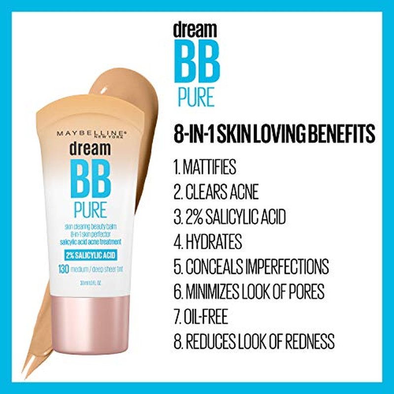Maybelline Dream Pure Skin Clearing BB Cream, 8-in-1 Skin Perfecting Beauty Balm With 2% Salicylic Acid, Sheer Tint Coverage, Oil-Free, Medium/Deep, 1 Count