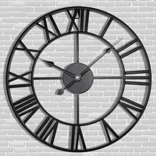 Black 30 Inch Large Roman Numeral Wall Clock - Antique Metal Decor, Waterproof Indoor Outdoor