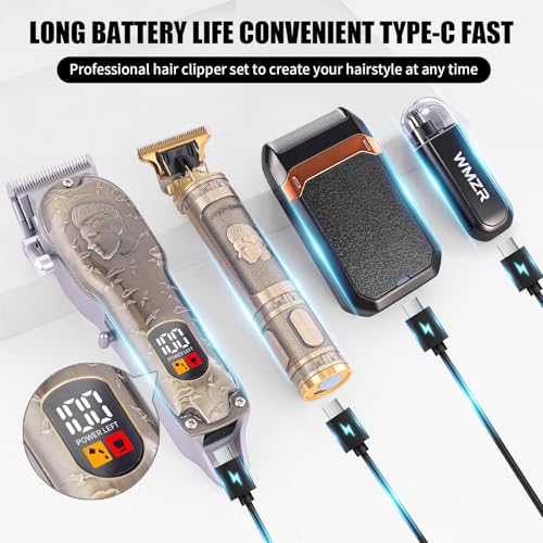 WMZR Professional Hair Clipper Set Gold - Men's Clipper, T-Shaped Sideburn Trimmer, Nose Hair Trimmer, Foil Shaver