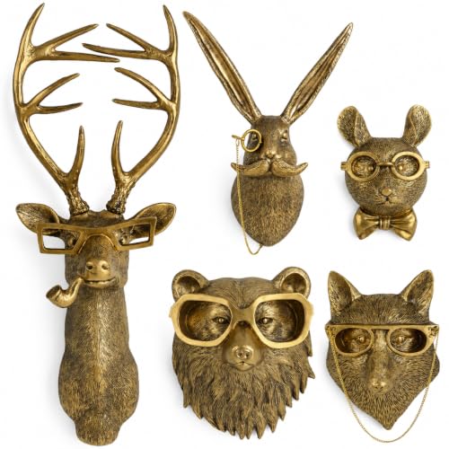 UITWMKTG 5 Pack Gold Animal Wall Decor Set - Deer, Rabbit, Mouse, Bear, Fox Wall Sculptures