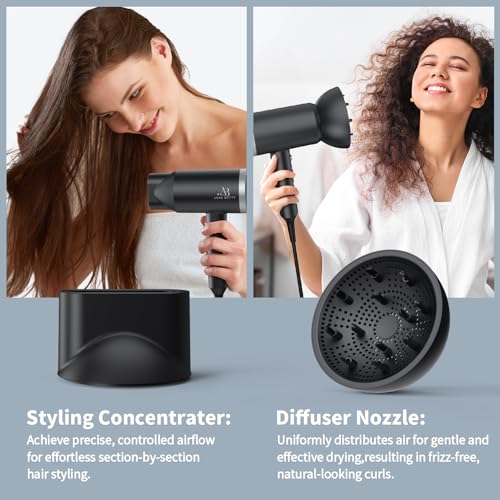 Ionic Hair Dryer with Diffuser - 1800W Lightweight Blow Dryer for Women & Men - Silver/Matte Black
