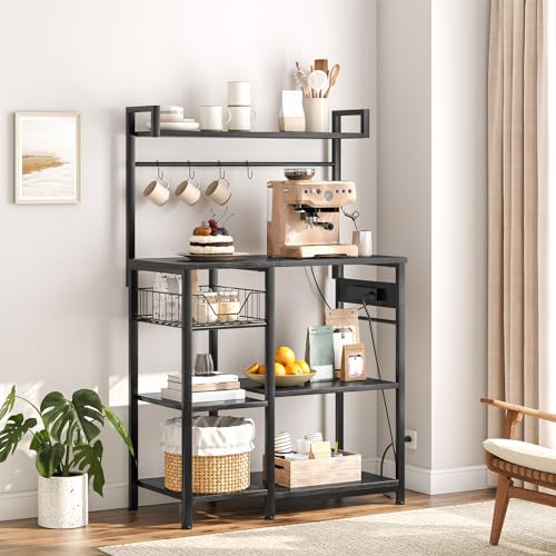 HOOBRO Black Bakers Rack with Power Outlets, Coffee Bar & Mesh Basket