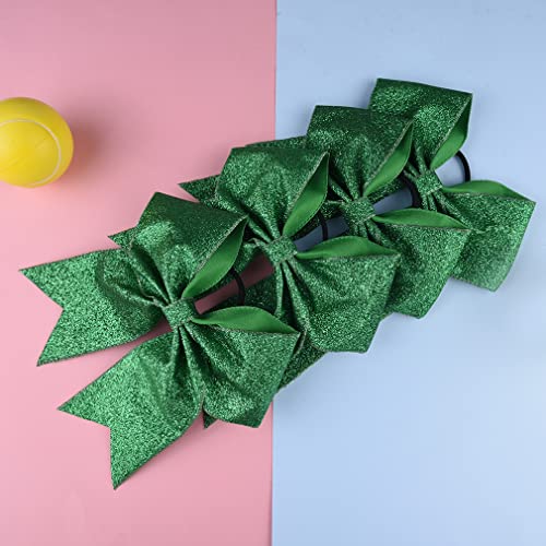 Cheerleader Hair Bows Set - Large Glitter Green Ponytail Holders with Elastic Band - 12 pcs