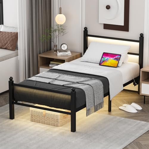 Black Twin Bed Frame with Charging Station & RGB LED Lights, Heavy Duty Slats, Easy Assembly