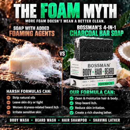 Bossman 4-in-1 Charcoal Bar Soap for Men - Emerald, 4 oz, Pack of 3