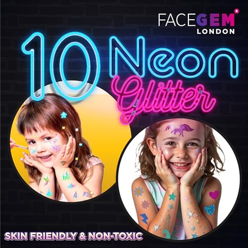 40 Colour - Glitter Tattoos for kids, Glitter tattoo kit, Temporary Tattoos for kids, Face glitter, 200+ Stencils, 40 Colour (10 neon), Rhinestones, Girls birthday present, Face Glitters