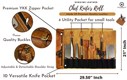 29.5x19.7 Inch Leather Knife Roll Bag - Caramel, Expandable Chef Storage Case