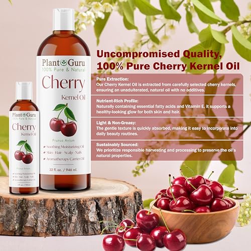 Plant Guru Cherry Kernel Oil 32 fl. oz. Cold Pressed 100% Pure & Natural Carrier ? Skin, Face, Body & Hair Growth Moisturizer. Great for DIY Creams, Lotions, and Lip Balms.