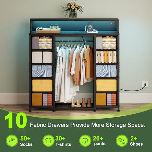 51-Inch Dresser with Hanging Rack and 10 Fabric Drawers - Black, 11.8"D x 51.2"W x 49.1"H