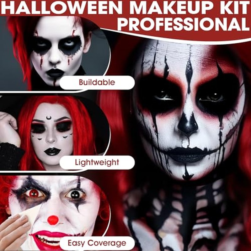 3 Colors Face & Body Paint [Black, White, Red] + 3pc Sponge & Brush, Baseball Eye Black for Sports Face-Painting, Halloween Makeup Kit for Zombie, Clown, Vampire, Skeleton, Joker Costume Makeup