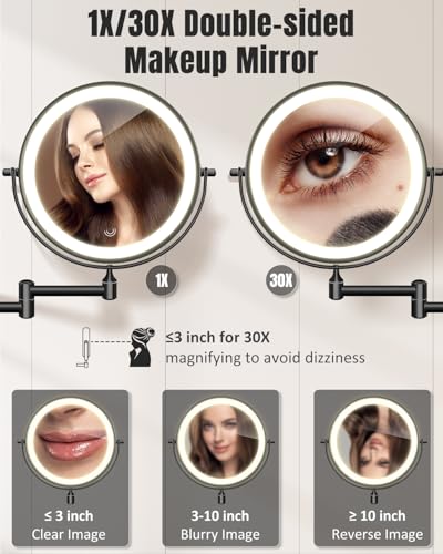 VFD 8-Inch Black Wall Mounted Lighted Magnifying Makeup Mirror with 30X/1X Dual Sides
