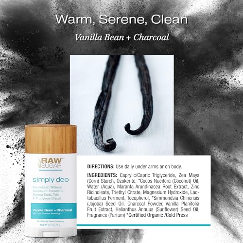 RAW Sugar Deodorant Stick Bundle - Aluminum-Free, Sensitive Skin, Vanilla & Charcoal Scent, Pack of 3