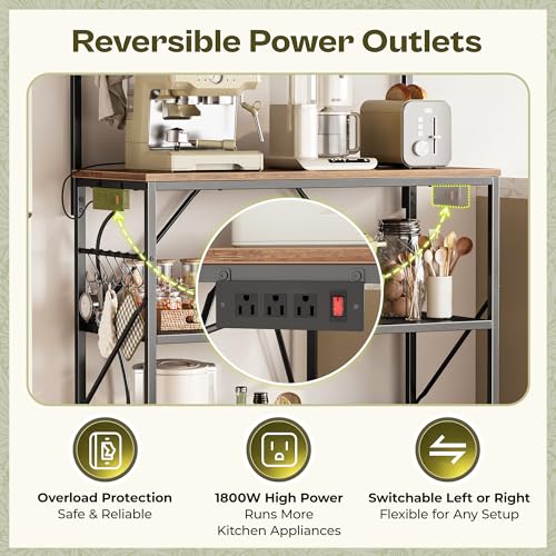 4-Tier Kitchen Storage Rack with Reversible Power Outlet - Rustic Brown, 31.5 Inch Microwave Stand & Coffee Bar