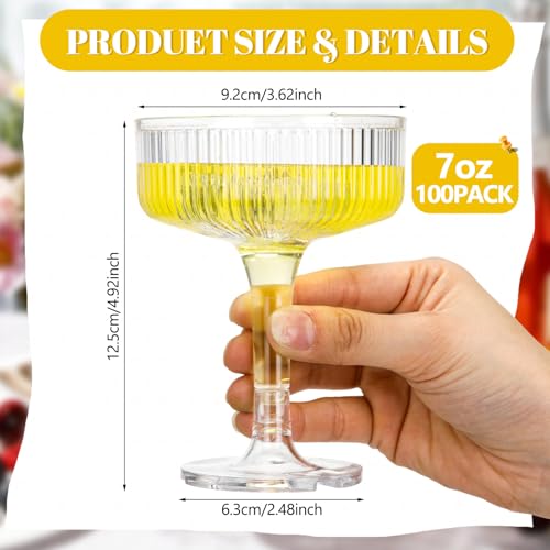 Disposable 7 oz Clear Ribbed Martini Glasses - 100 Pack
