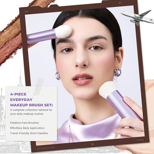 Jessup 4pcs Essential Face Brush Set, Kabuki Brushes for Foundation Contour Blush & Highlighter, Ultra-Soft Synthetic Fiber, Cruelty-Free, Perfect for Clean Girl Look, Luxury Purple T517