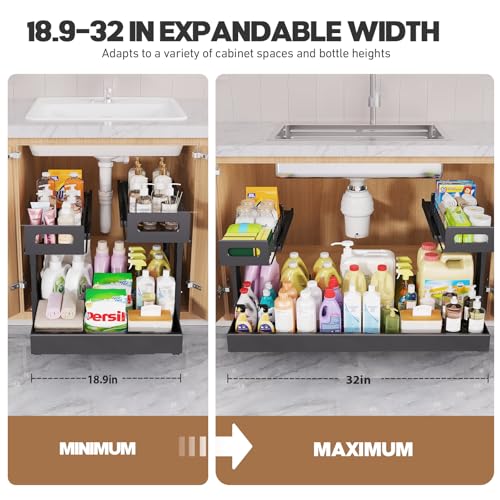 Expandable Under Sink Organizer 19-32 Inches with Ball-Bearing Slides - Black - 1 Pack