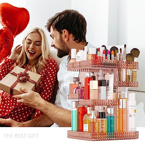 Famitree Pink Rotating Makeup Organizer with 6 Adjustable Layers - 360° Spin Vanity Storage