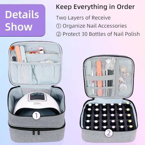 ALSLEA Nail Polish Organizer 30 Slots Gray Double-Layer Carrying Case