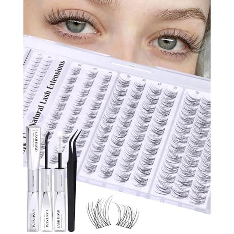 ALICE Short Lash Clusters Kit 8mm-10mm-12mm Natural Clear Band Cluster Eyelash Extension Kit Wispy Eyelash Clusters Kit with Bottom Lashes Bond and Seal DIY at Home