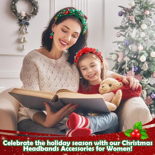 Hoteam Christmas Headbands & Earrings Set for Women - Pink & Green Holiday Accessories