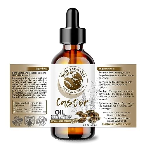 Bella Terra Oils - Organic Castor Oil 2oz Glass Bottle - Pure & Cold-Pressed, Rich in Stearic Acid for Skin & Hair Care