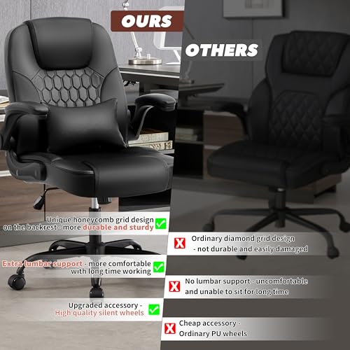 Leather Office Chair Swivel Lumbar Support Black - Short People Ergonomic Design