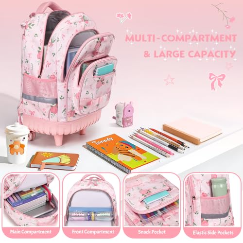 Girls Luminous Rolling Backpack with Lunch Box & Pencil Case - Flower Variation