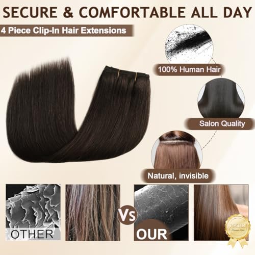 Dark Brown 16 Inch Remy Human Hair Clip-In Extensions - Natural Thick & Seamless, 4PCS