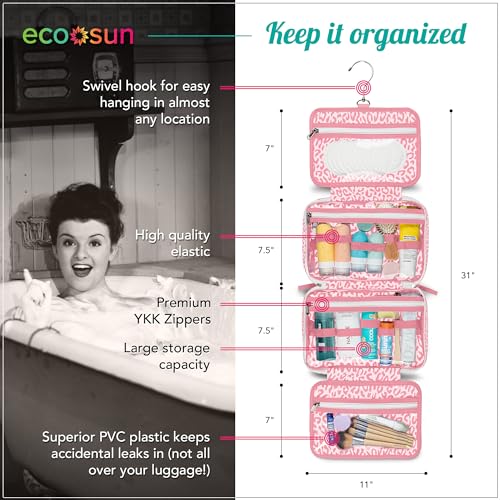 Water-Resistant Travel Toiletry Bag with Hanging Hook - Large Capacity, Pink Leopard