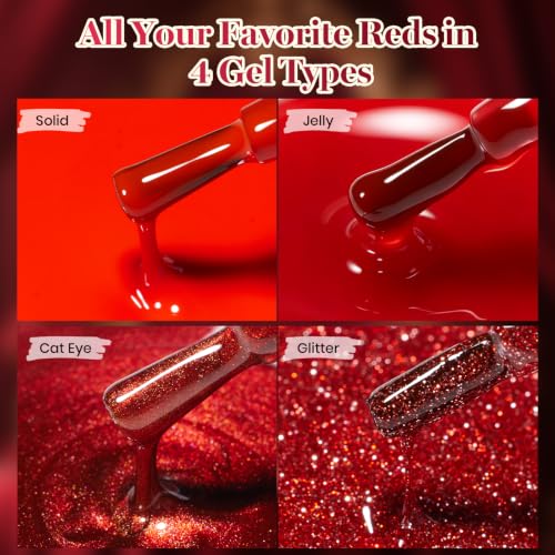 Beetles Red Gel Nail Polish Set - Jelly Glitter & Cat Eye Finish, Burgundy Dream Variation