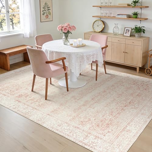 5x8 Pink Floral Washable Vintage Distressed Rug for Bedroom - Pink