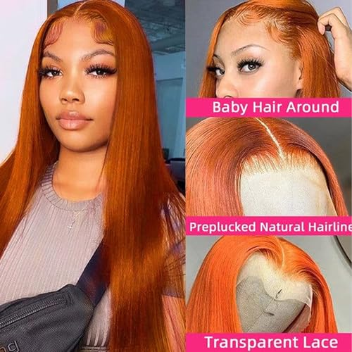 Fiumer 26 Inch Orange Ginger Human Hair Lace Front Wig 13x4 Straight 180% Density
