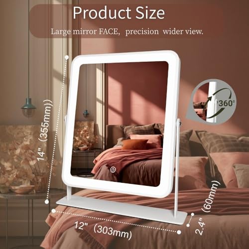 White 14x12 Inch LED Vanity Mirror with Lights, Dimmable Touch Control, Cordless Rechargeable Design