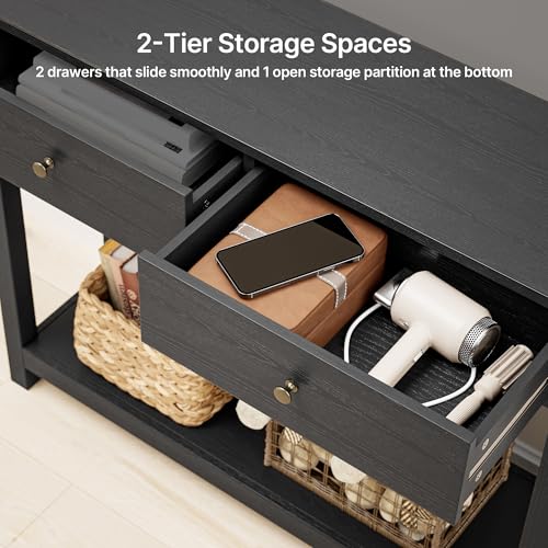 Gizoon 39W Black Sofa Table with Outlets & USB Ports, Modern Console