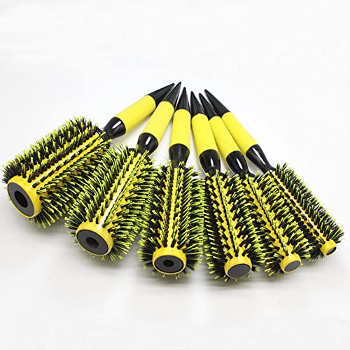 Yellow Thermal Round Boar Bristle Hair Brush Set for Styling & Scalp Massage - 6 Pieces