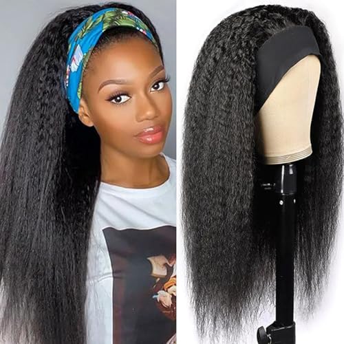 Kinky Straight Headband Wig 22 Inch Black 1B - Glueless Synthetic Hair for Women