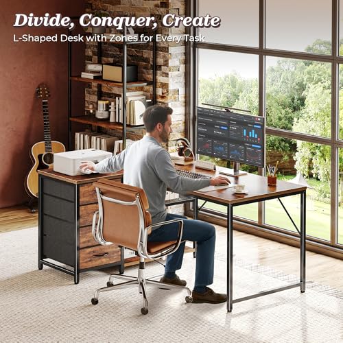 PRAISUN 43.3" Rustic Brown Small L-Shaped Desk with Power Outlets & Storage