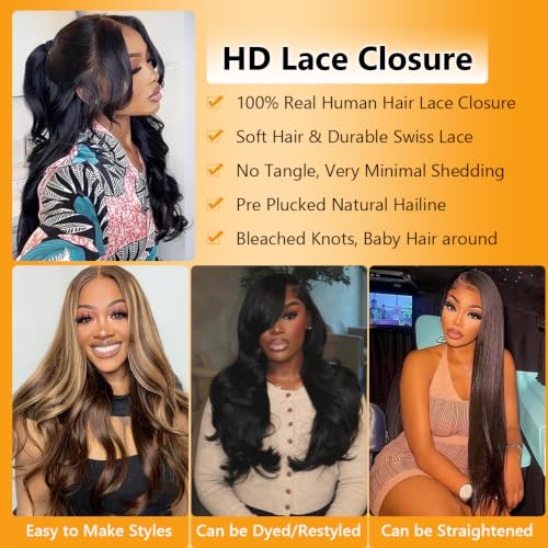 QTHAIR 16 Inch Natural Black Body Wave Lace Closure 5x5 Pre Plucked Human Hair